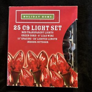 Holiday Home 25 C9 Light Set Red Transparent Lights Green Cord 22" Length